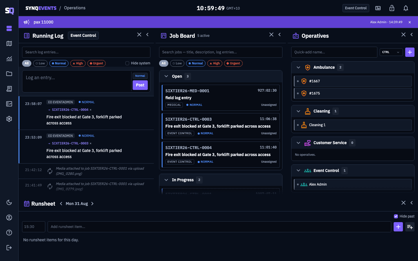 SYNQE's Operations screen: the Running Log, Job Board grouped by status with search and priority filters, and the Operatives panel side by side above the Runsheet