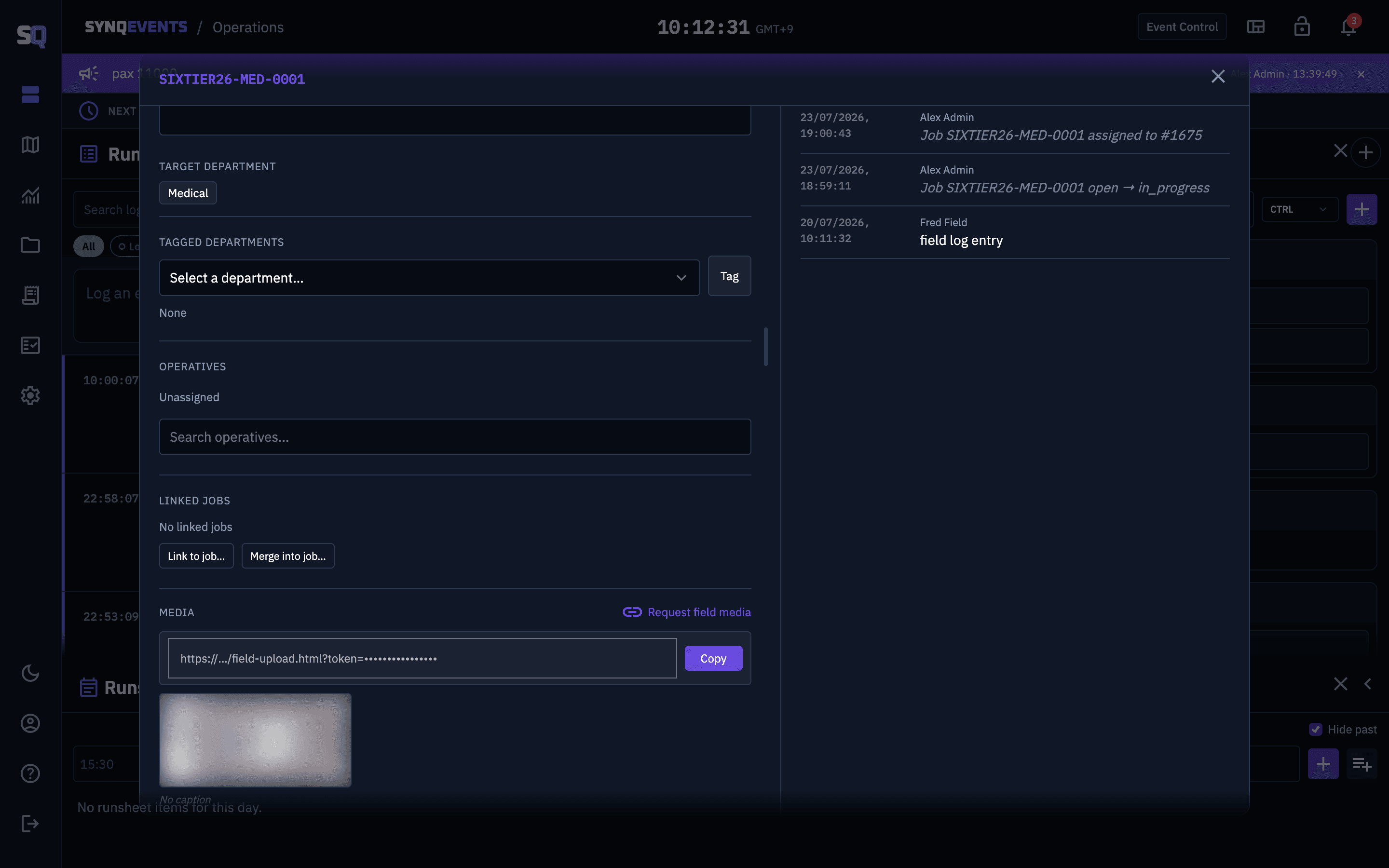 SYNQE job panel with the Media section highlighted, showing the Request field media action and a generated single-use link with a Copy button