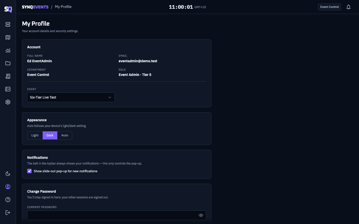 SYNQE's My Profile screen, showing account details, role and tier, and the Light/Dark/Auto appearance toggle