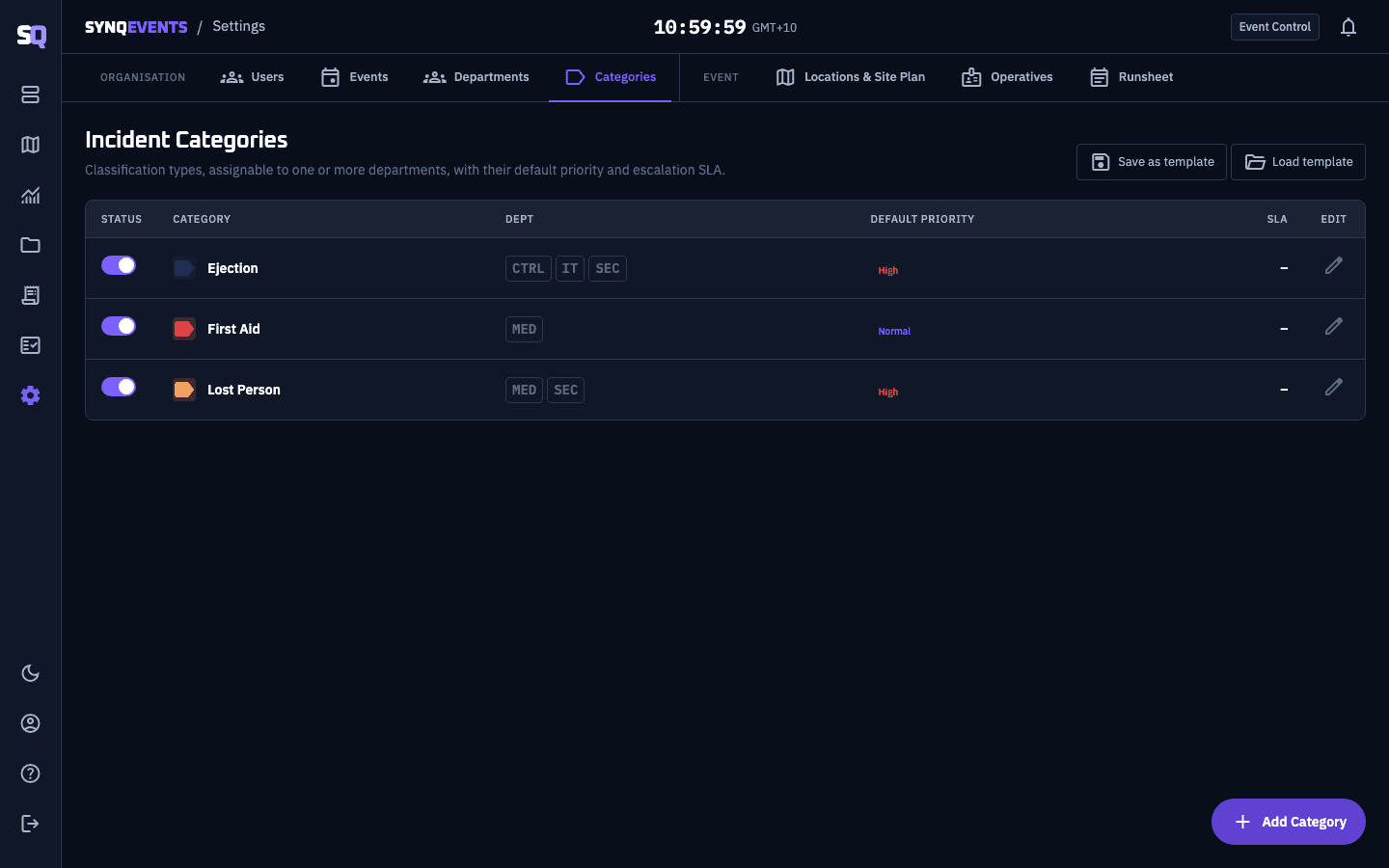 SYNQE's Settings screen, showing configurable incident categories with department, default priority and SLA columns